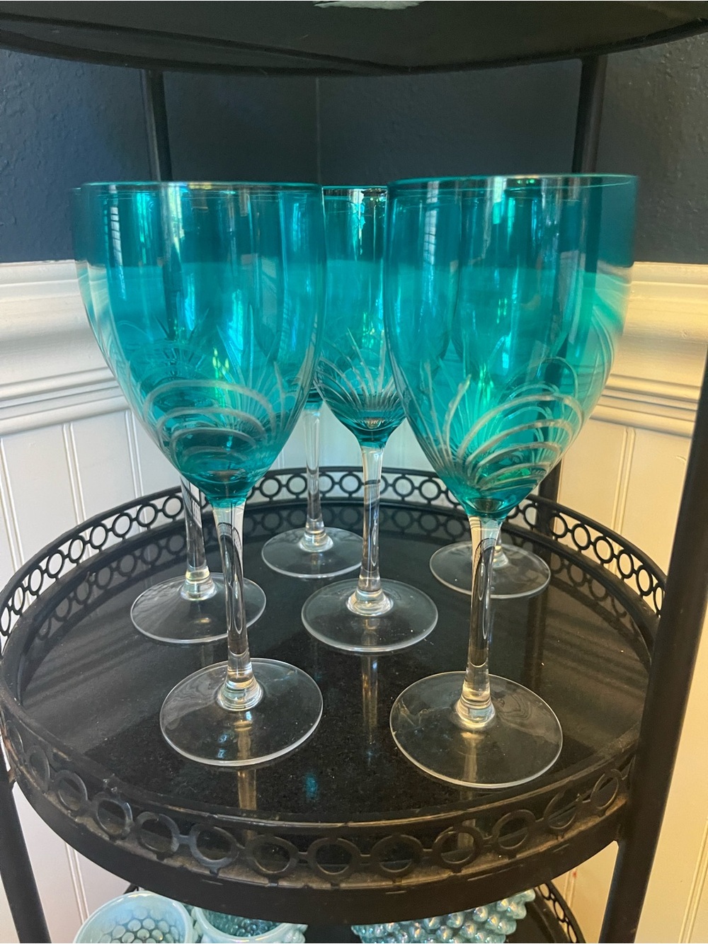 Teal Swirl Stem Wine Glasses - Set of 6